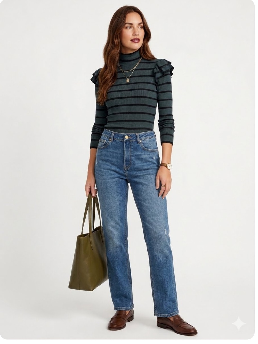Anthropologie TLa Ruffled Mock Neck Ribbed knitDark Green & Black Stripes Ruffle